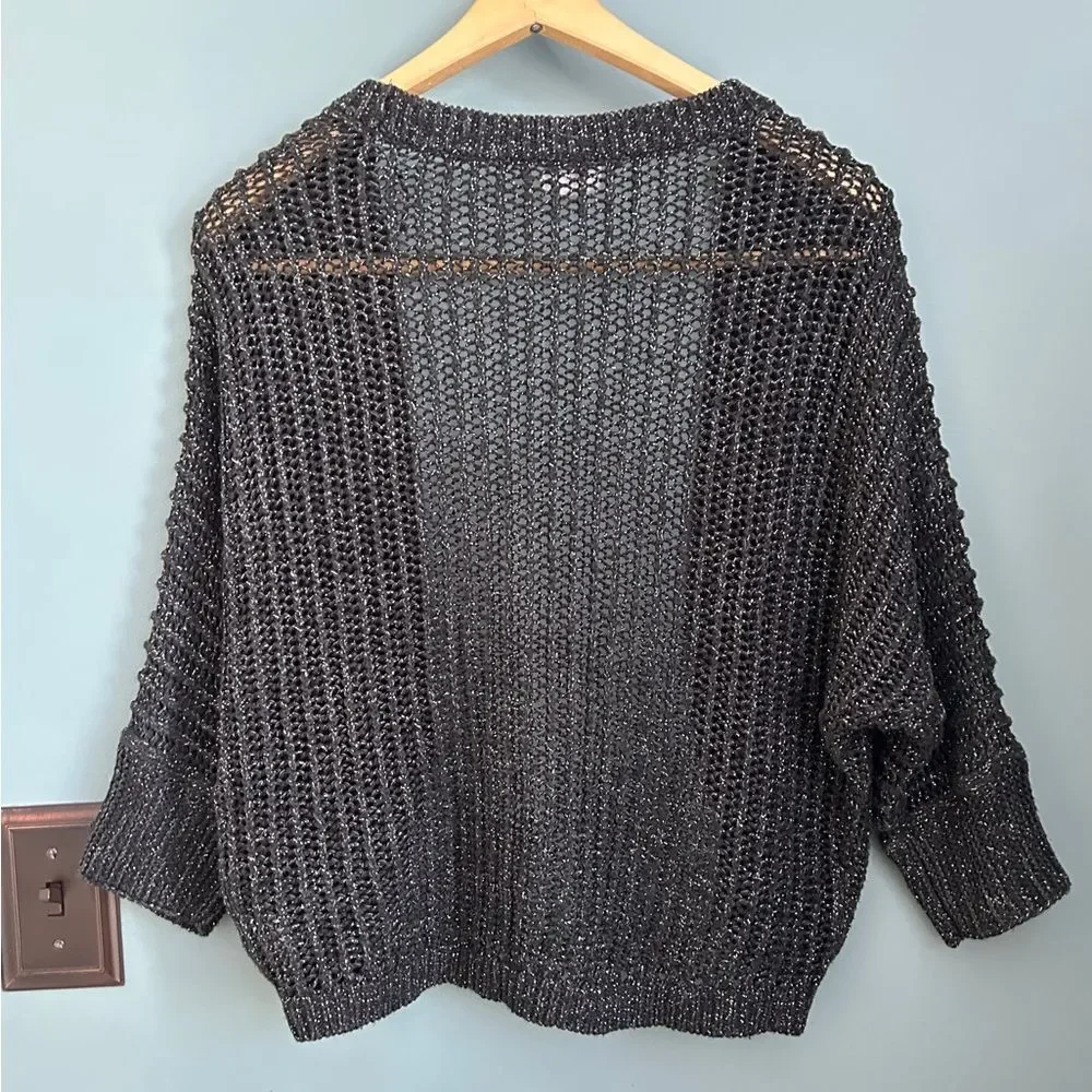 Justice Black and Silver Metallic Knit Shrug Cardigan 3/4 Sleeve Plus Size 18